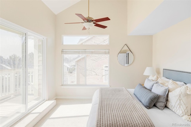 bedroom with baseboards, high vaulted ceiling, access to exterior, and light colored carpet