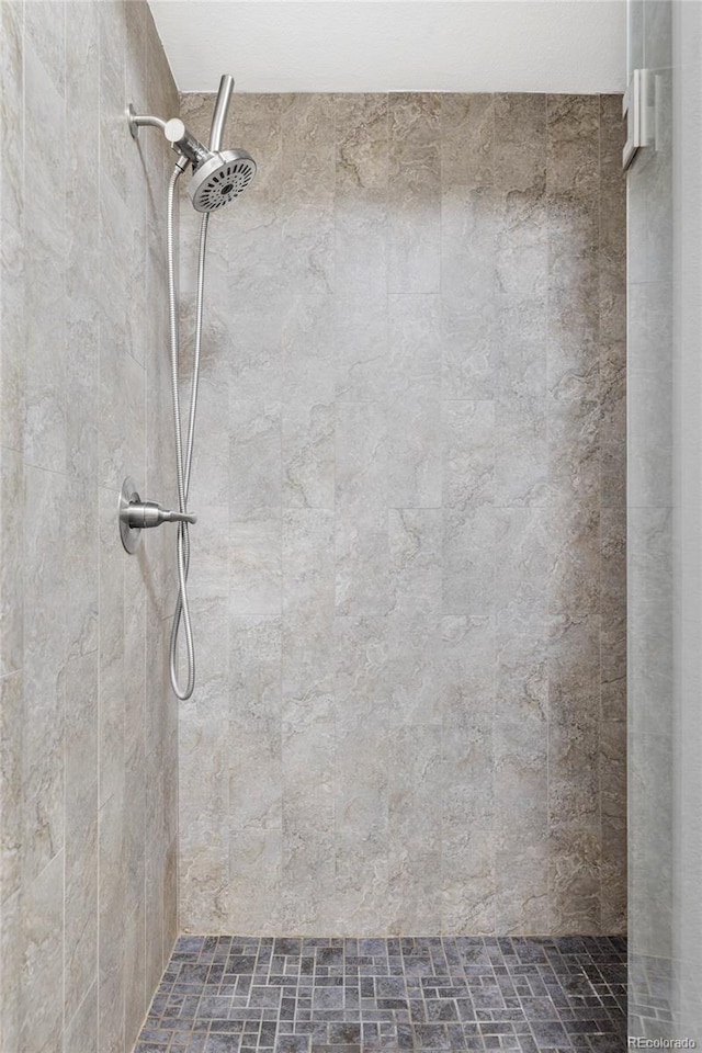 interior details featuring a tile shower