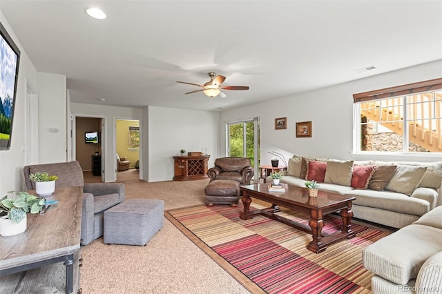 6542 S Tempe St, Aurora, CO 80016 - living area featuring carpet floors, ceiling fan, and recessed lighting