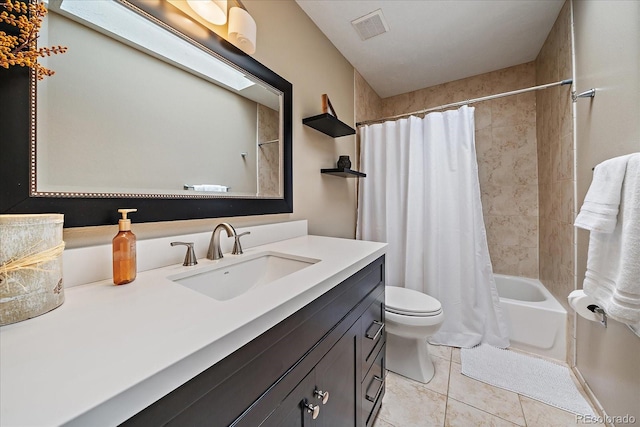 8072 Windwood Way, Parker, CO 80134 - full bathroom featuring vanity, toilet, tile patterned floors, shower / bath combo with shower curtain, and visible vents