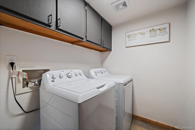 8072 Windwood Way, Parker, CO 80134 - laundry room with visible vents, wood finished floors, cabinet space, baseboards, and washer and clothes dryer