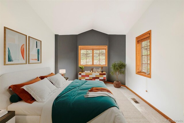 101 Lions Ln, Minturn, CO 81645 - carpeted bedroom featuring lofted ceiling, multiple windows, and baseboards