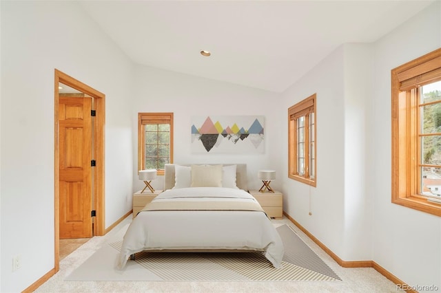 101 Lions Ln, Minturn, CO 81645 - bedroom with lofted ceiling, baseboards, carpet, and recessed lighting