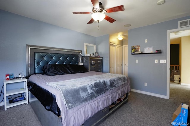 carpeted bedroom featuring ceiling fan and a closet