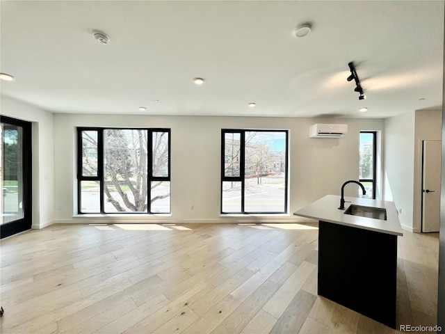 1601 Park Ave Unit 201, Denver, CO 80218 - unfurnished living room featuring a wall unit AC, healthy amount of natural light, light wood-style floors, and rail lighting