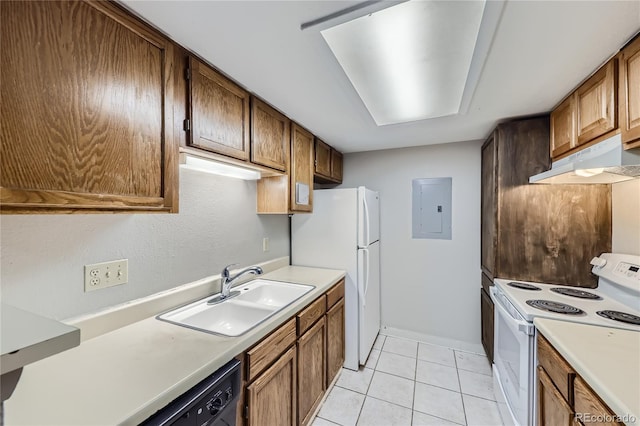 kitchen with light tile patterned floors, white appliances, electric panel, and sink