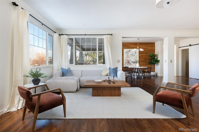 living room with dark hardwood / wood-style flooring, a barn door, plenty of natural light, and wood walls