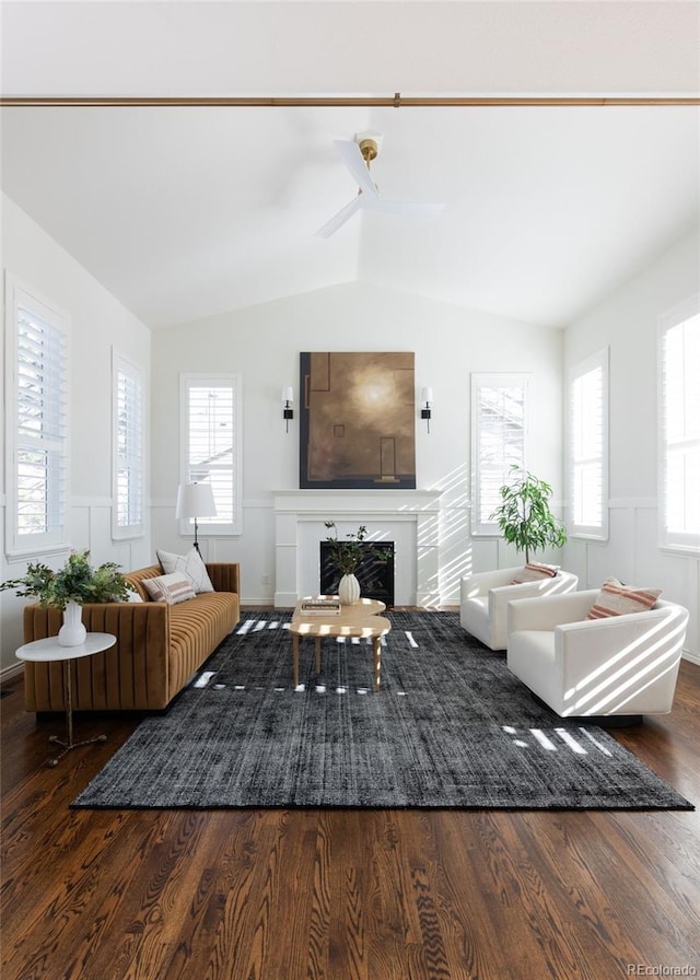 living room with dark hardwood / wood-style floors and lofted ceiling