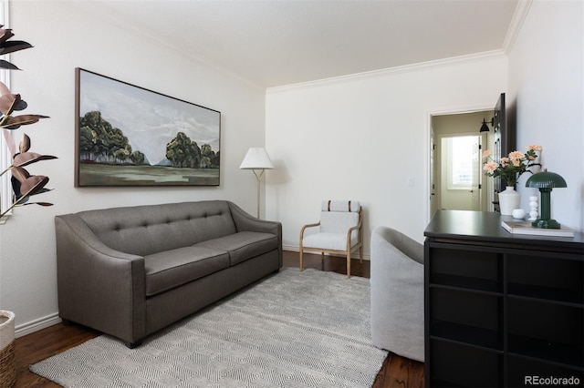 living room featuring hardwood / wood-style flooring and crown molding