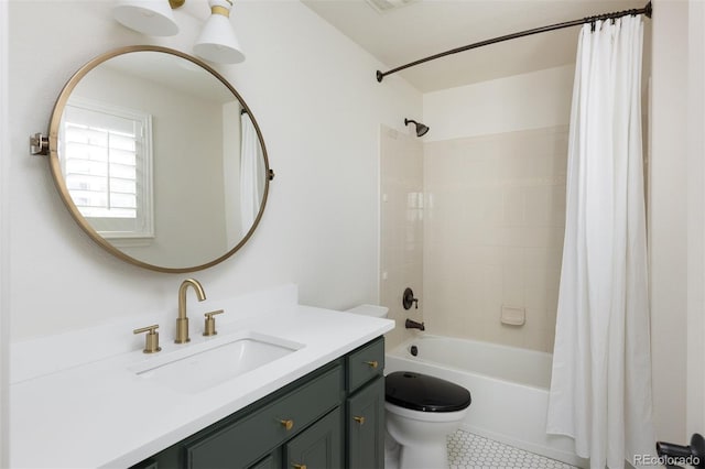 full bathroom featuring toilet, shower / bath combination with curtain, tile patterned flooring, and vanity