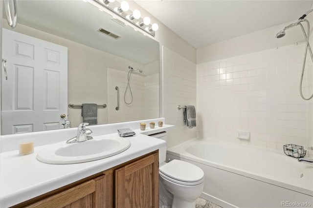 full bathroom featuring visible vents, vanity, toilet, and shower / bath combination