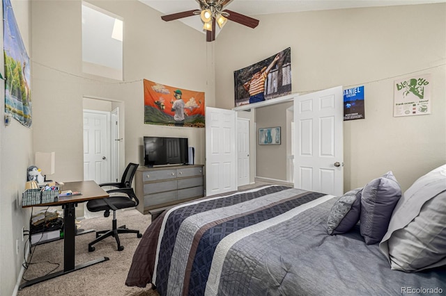 7684 S Monaco Cir, Centennial, CO 80112 - carpeted bedroom featuring high vaulted ceiling, an office area, and ceiling fan