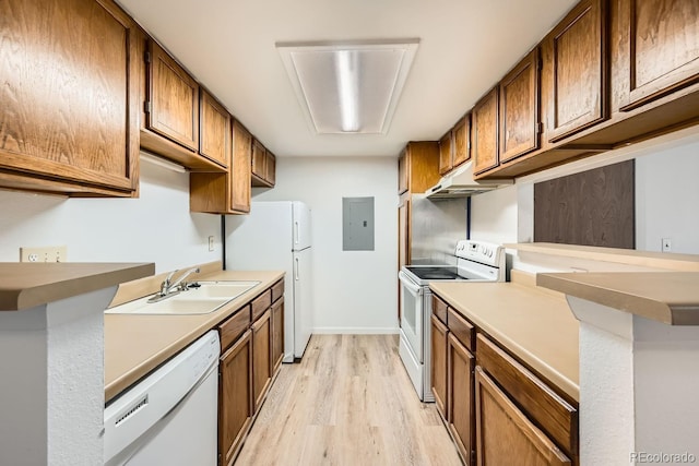 kitchen with sink, light hardwood / wood-style flooring, kitchen peninsula, electric panel, and white appliances