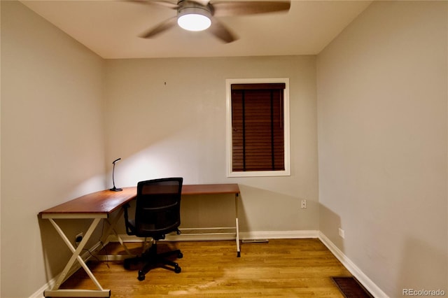 office area featuring ceiling fan and light hardwood / wood-style floors