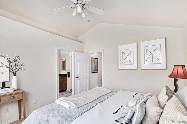 5326 E Hamilton Ave, Castle Rock, CO 80104 - carpeted bedroom with vaulted ceiling, ensuite bathroom, and a ceiling fan