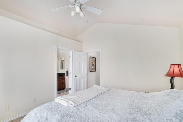5326 E Hamilton Ave, Castle Rock, CO 80104 - carpeted bedroom with lofted ceiling, connected bathroom, and ceiling fan
