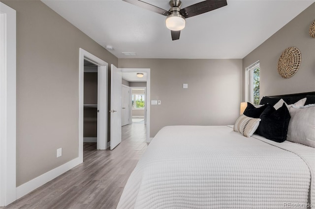 bedroom featuring multiple windows, wood finished floors, baseboards, and ceiling fan