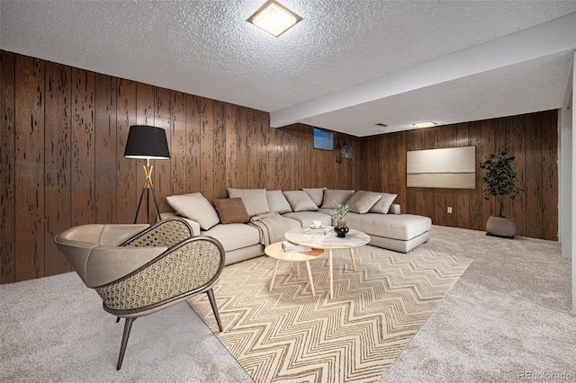 8346 W Woodard Dr, Lakewood, CO 80227 - carpeted living room with wood walls and a textured ceiling