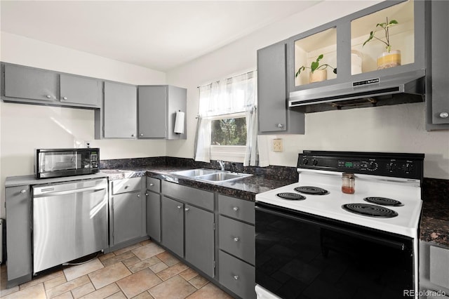 kitchen featuring gray cabinetry, stainless steel dishwasher, sink, and white electric range