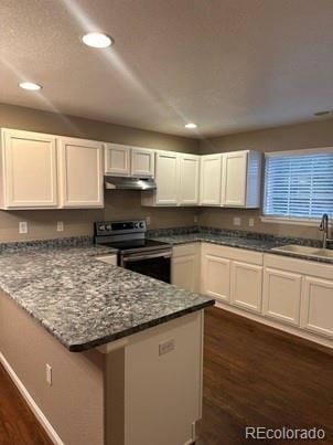 kitchen featuring electric stove, dark wood-style floors, a peninsula, under cabinet range hood, and a sink