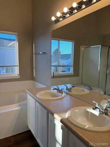 full bathroom with a garden tub, a sink, and double vanity