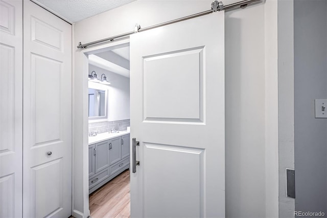 bathroom with vanity, hardwood / wood-style floors, a textured ceiling, and backsplash