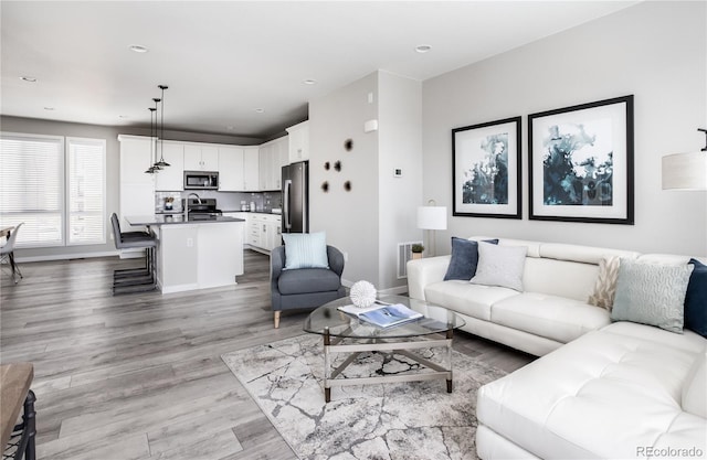 living room featuring light hardwood / wood-style flooring and sink