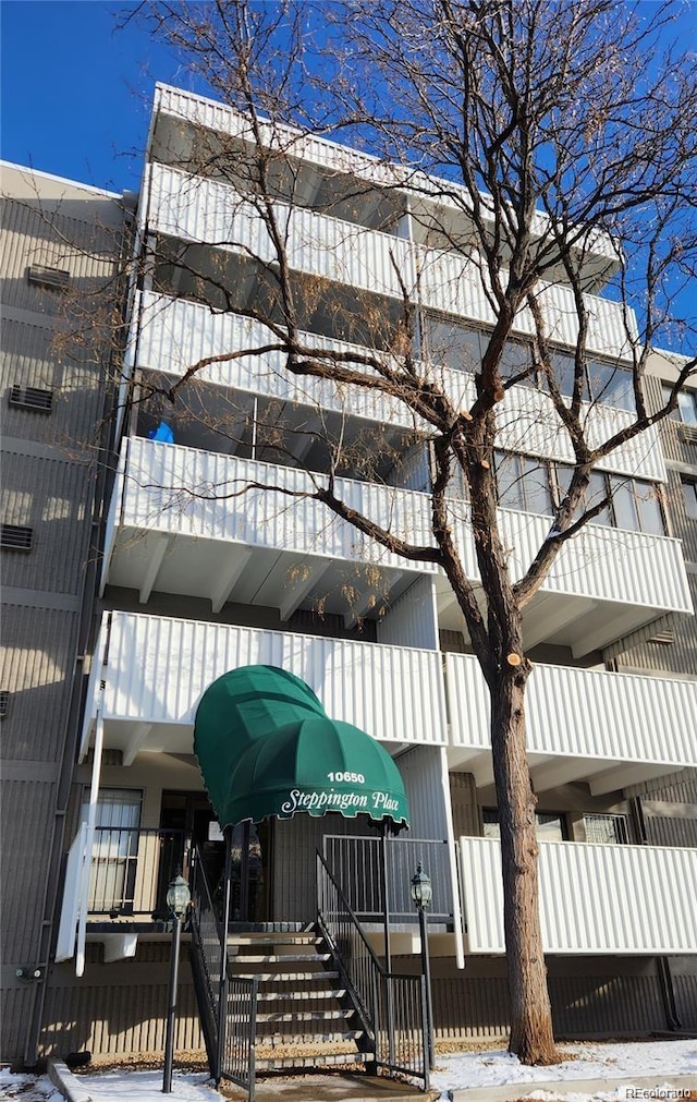 view of snow covered building