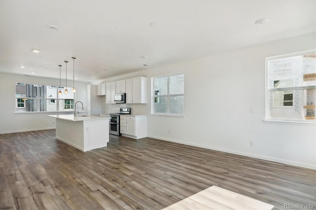 kitchen with appliances with stainless steel finishes, a center island with sink, white cabinetry, and a wealth of natural light