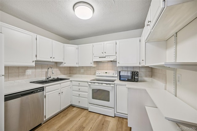 7020 E Girard Ave Unit 109, Denver, CO 80224 - kitchen with dishwasher, electric range, under cabinet range hood, light wood finished floors, and light countertops
