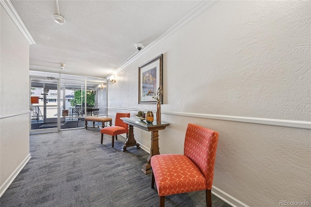 7020 E Girard Ave Unit 109, Denver, CO 80224 - sitting room with crown molding, a textured wall, carpet floors, and a textured ceiling