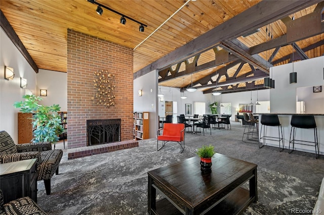 7020 E Girard Ave Unit 109, Denver, CO 80224 - living area with a brick fireplace, wood ceiling, carpet, rail lighting, and high vaulted ceiling