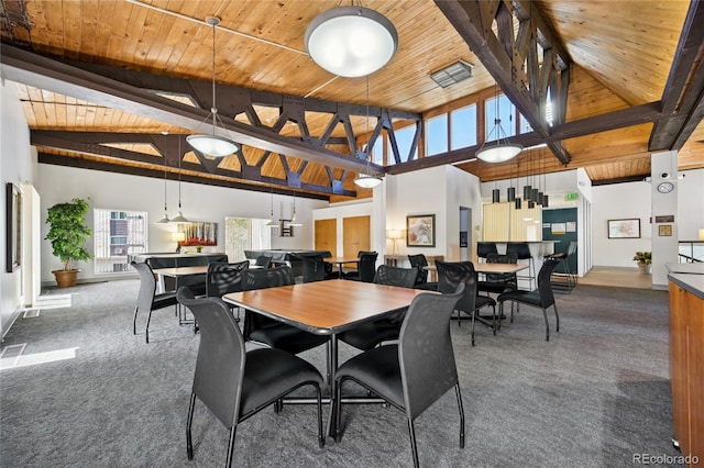 7020 E Girard Ave Unit 109, Denver, CO 80224 - dining space with carpet, a wooden ceiling with exposed beams, and high vaulted ceiling