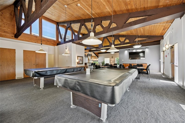 7020 E Girard Ave Unit 109, Denver, CO 80224 - game room featuring dark colored carpet, billiards, high vaulted ceiling, and a wooden ceiling with exposed beams