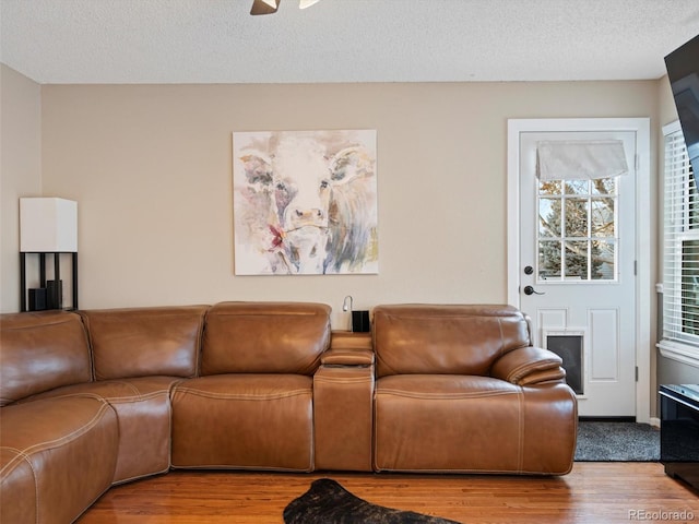 living room featuring ceiling fan, a textured ceiling, and hardwood / wood-style floors