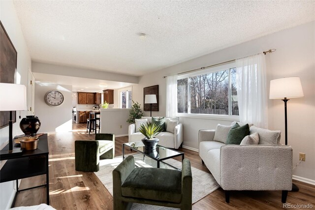 living room with a textured ceiling, baseboards, and wood finished floors