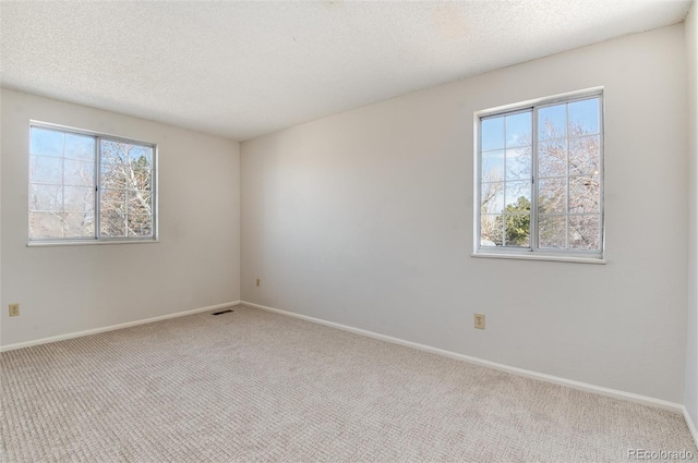 carpeted empty room with baseboards, a textured ceiling, and a healthy amount of sunlight