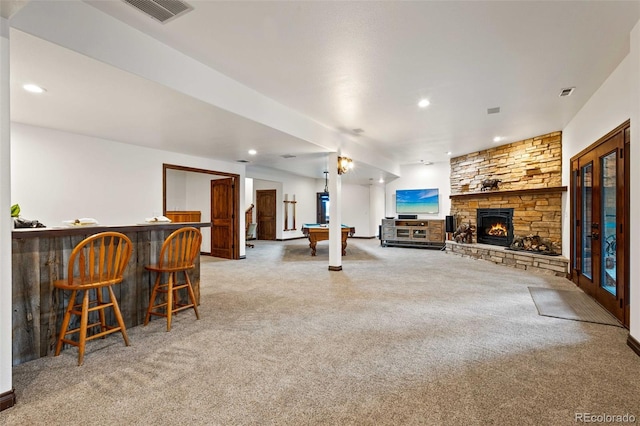 17675 State Highway 83, Colorado Springs, CO 80908 - game room featuring a dry bar, light carpet, a fireplace, recessed lighting, and pool table