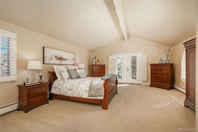 carpeted bedroom featuring lofted ceiling with beams, a baseboard heating unit, and french doors