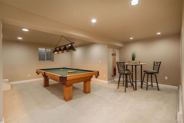 playroom featuring light colored carpet and billiards