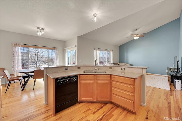 kitchen with a sink, light wood-style floors, vaulted ceiling, open floor plan, and dishwasher