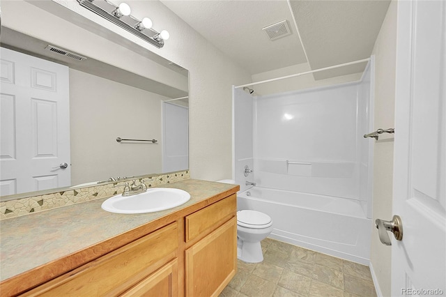 full bathroom with toilet, shower / bath combination, visible vents, and vanity