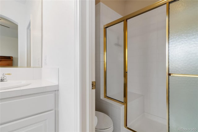 bathroom featuring a shower stall, toilet, and vanity