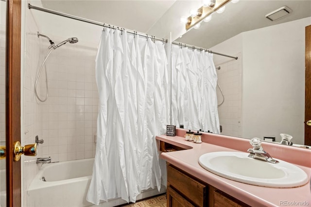 full bath featuring vanity and shower / bathtub combination with curtain