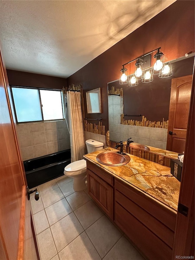 7454 Queen Cir, Arvada, CO 80005 - bathroom featuring vanity, a textured ceiling, shower / tub combo, tile patterned flooring, and vaulted ceiling