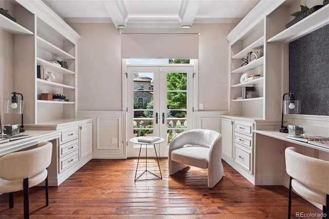 9171 E Harvard Ave, Denver, CO 80231 - office space with built in study area, dark wood finished floors, beamed ceiling, a decorative wall, and a wainscoted wall