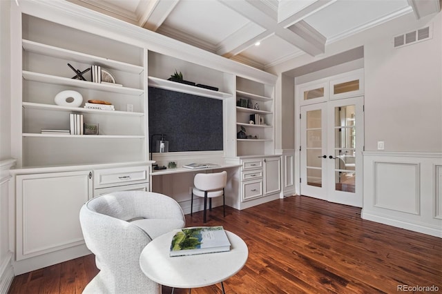 9171 E Harvard Ave, Denver, CO 80231 - sitting room with french doors, beamed ceiling, coffered ceiling, dark wood-style floors, and built in shelves