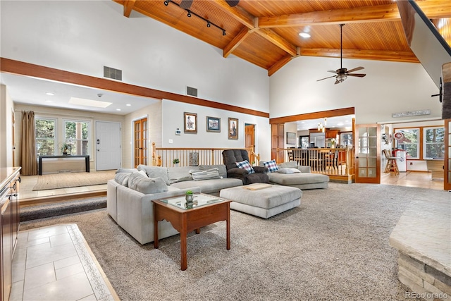 living room with wooden ceiling, french doors, high vaulted ceiling, and visible vents