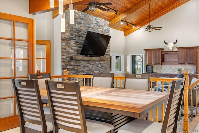 dining room with wood ceiling, ceiling fan, beam ceiling, and high vaulted ceiling