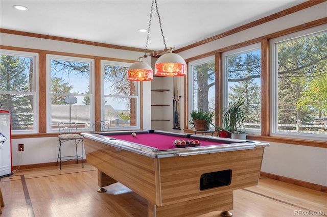 game room featuring ornamental molding, baseboards, light wood-type flooring, recessed lighting, and pool table